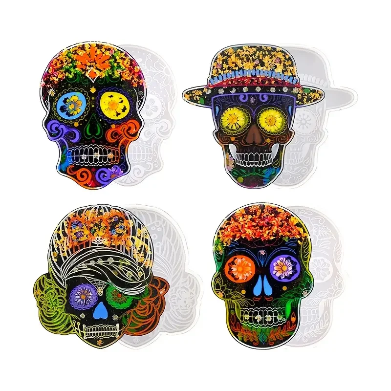4 Totenkopf-Silikon-Untersetzerformen – lebendige gotische dekorative Kerzenhalter, geeignet für DIY-Kunsthandwerk, Halloween-Partys