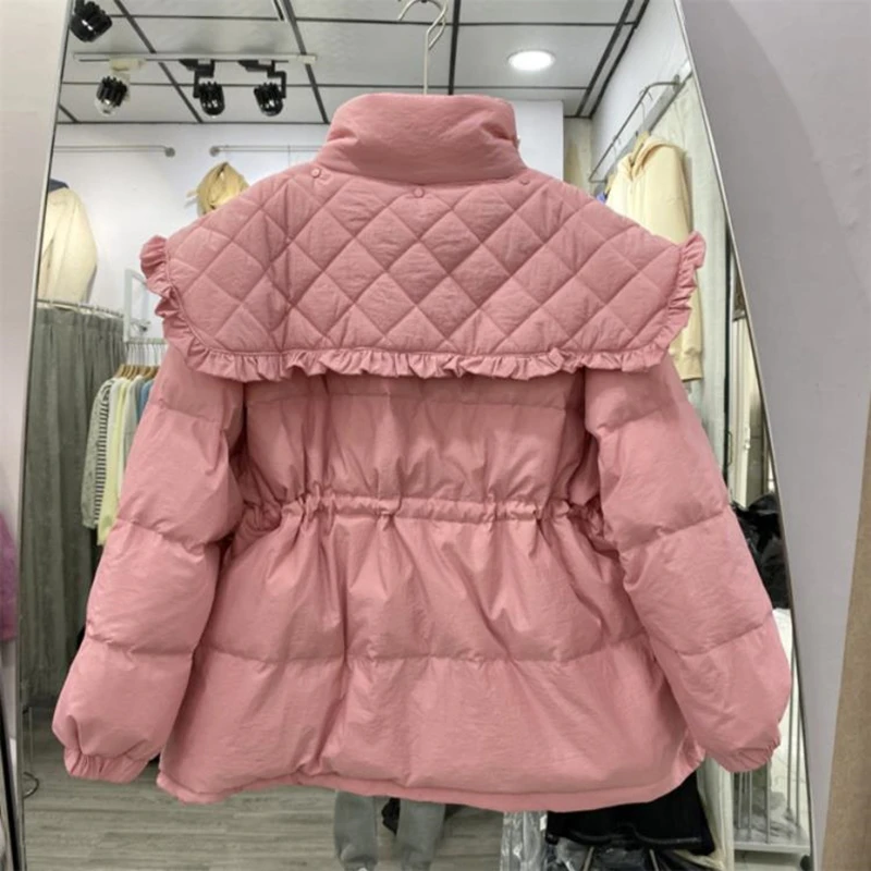 2022 Women Autumn Winter Loose Padded Zipper Solid Color Short Jacket Stand Doll Collar Casual All Match White Duck Down Coat