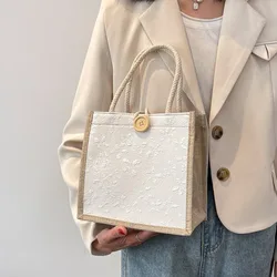 Fashion Zipper Flower Linen Bag Button Large Capacity Love Heart Tote Bag Lunch Bag Organizer Linen Handbag Shopping