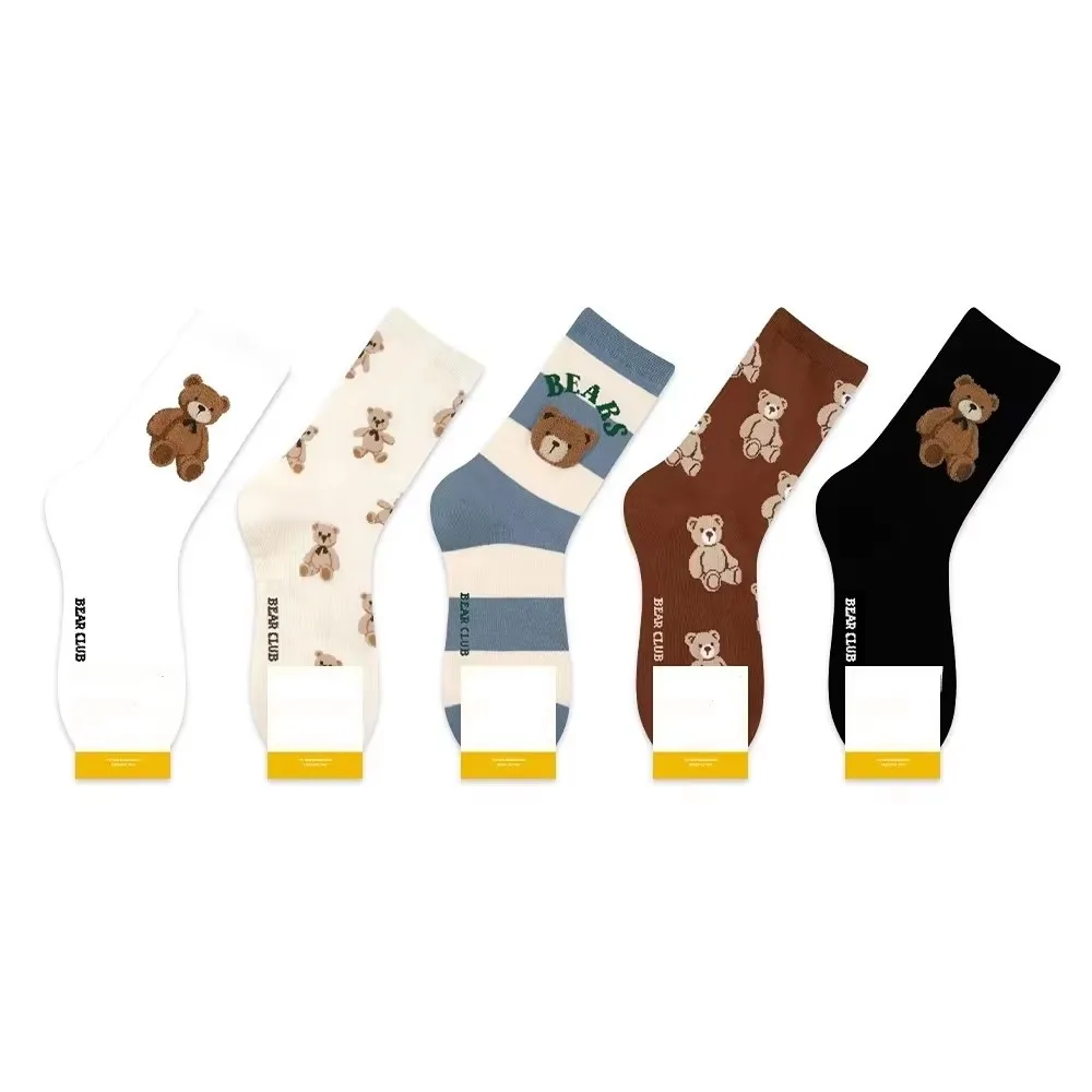 

Cute Cartoon Bear Mid-Calf Socks for Women - Fashionable Japanese-Inspired Crew Socks with Striped & Plaid Patterns