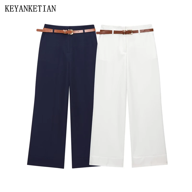 

KEYANKETIAN новые весенние женские повседневные брюки простой стиль с поясом на молнии с высокой талией однотонные прямые брюки брюки