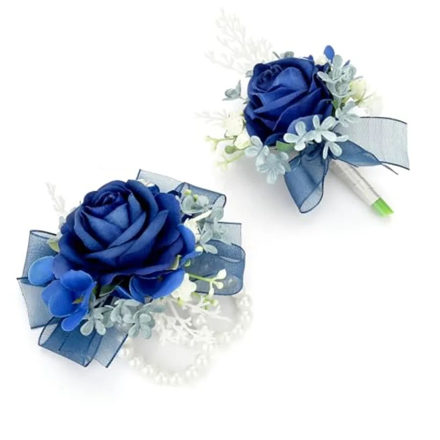 

Corsage Wristlet and Boutonniere Set Blue Wrist Corsage Double Pearl Bracelets Blue Pocket Boutonniere for Men Wedding Prom Par