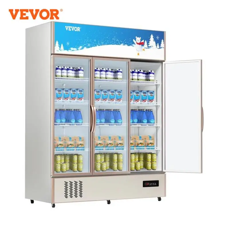 VEVOR Triple Swing Door Commercial Refrigerator Display Fridge Upright Beverage Cooler Glass Door with LED Light for Home Store