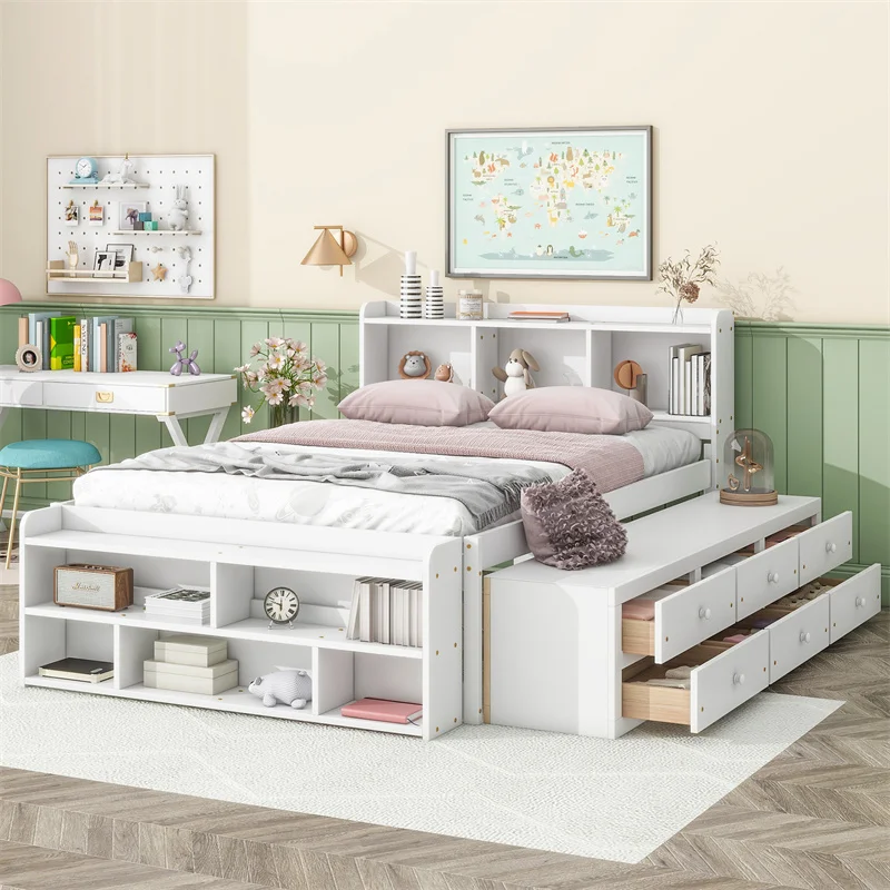 

Modern-Style Full-Size Bed in White with Bookcase Headboard & Under-Bed Storage Drawers for Bedroom Use