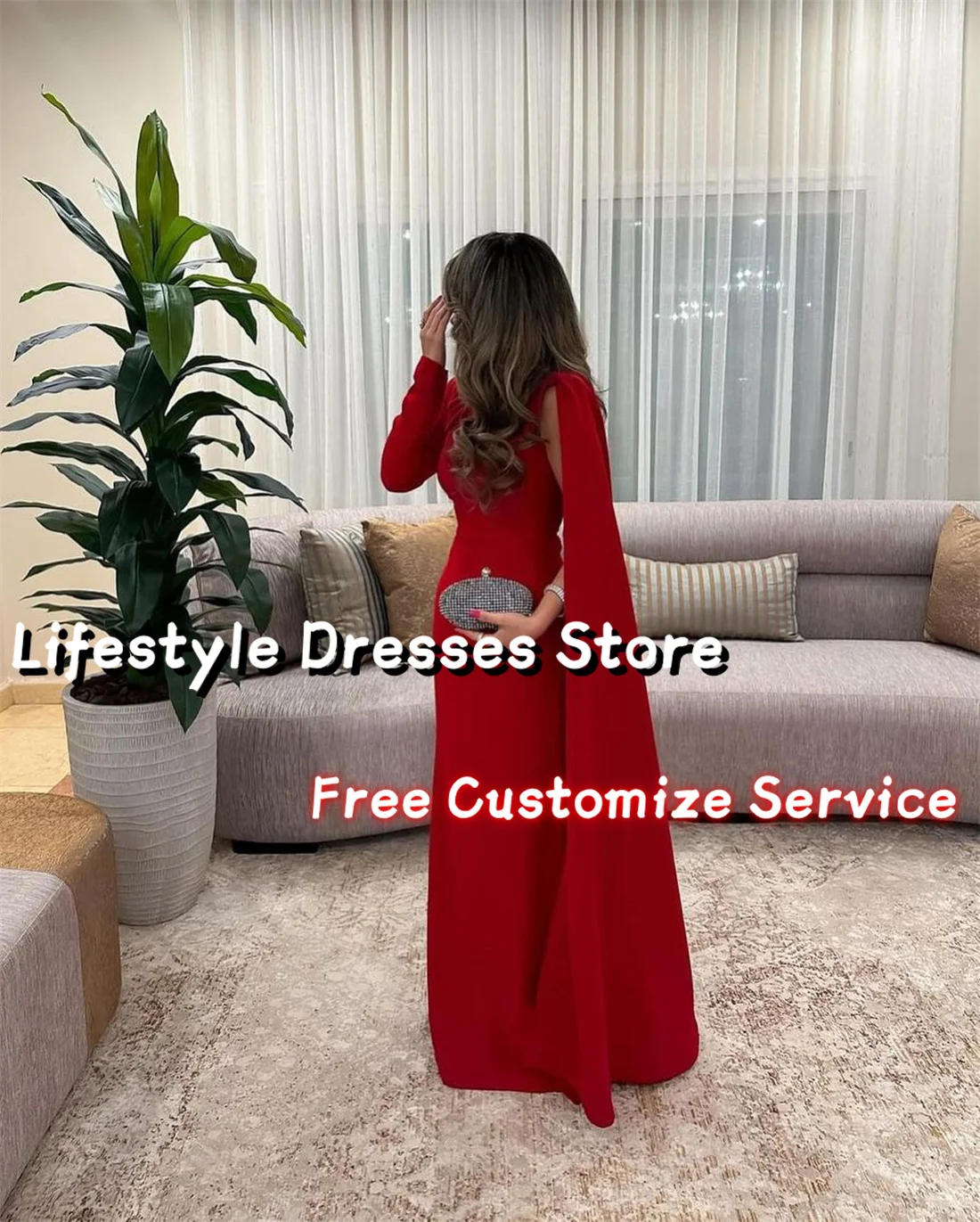 Customized Dark Red Cape Sleeves Arabia Prom Dress Wedding Party Gown Elegant Mermaid Long Evening Dress Formal Dress