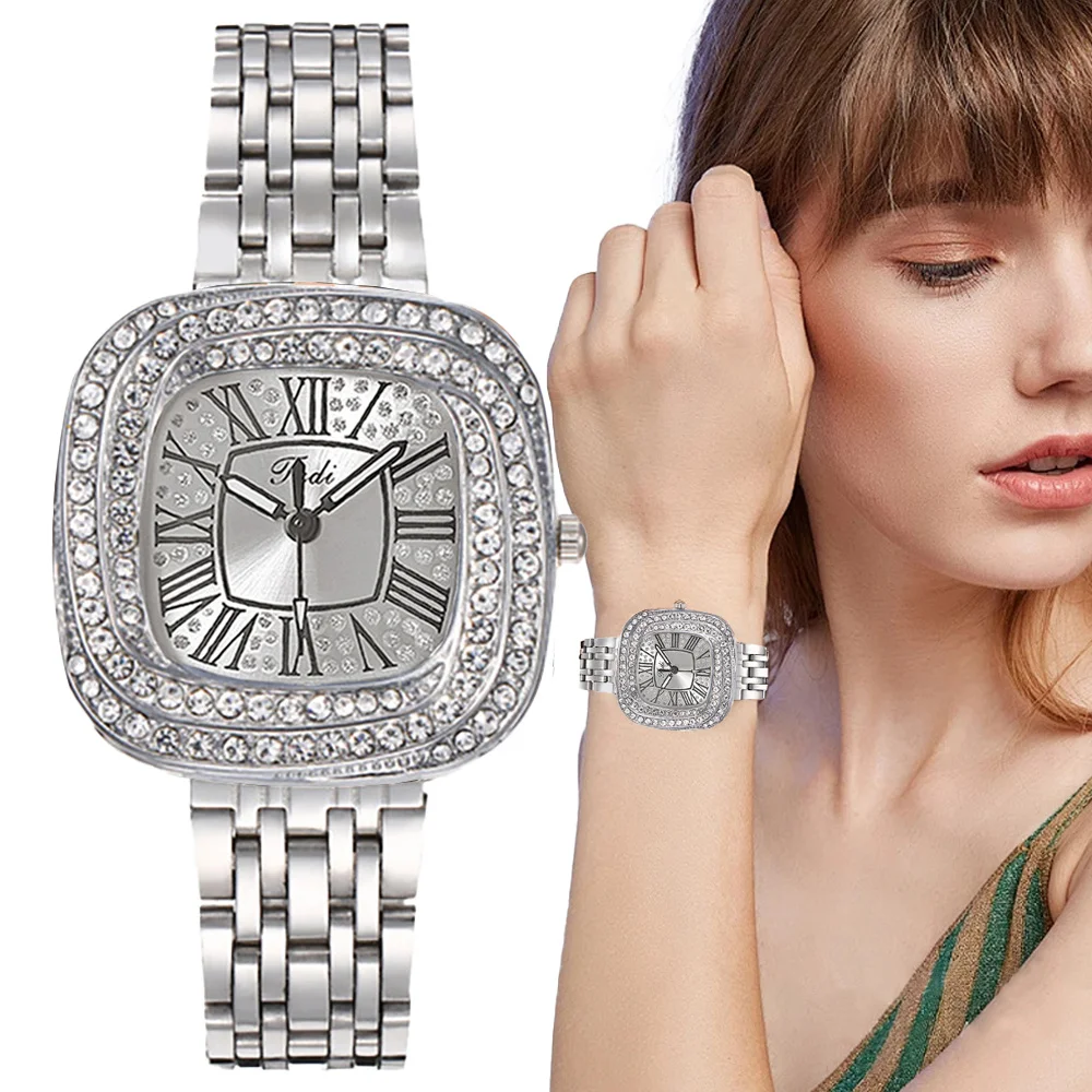 Dames 2024 Vierkant Romeinse Ster Quartz Horloge Met Diamanten Rvs Business Woman Klok Cadeau Polshorloge