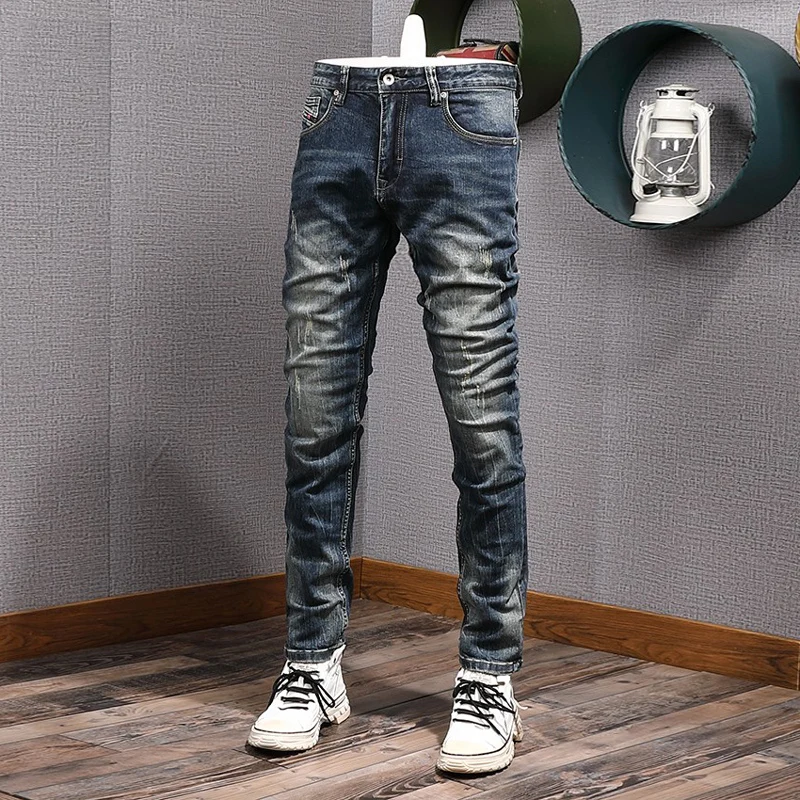 

Italian Style Fashion Men Jeans High Quality Retro Washed Blue Stretch Slim Fit Vintage Ripped Jeans Men Designer Denim Pants