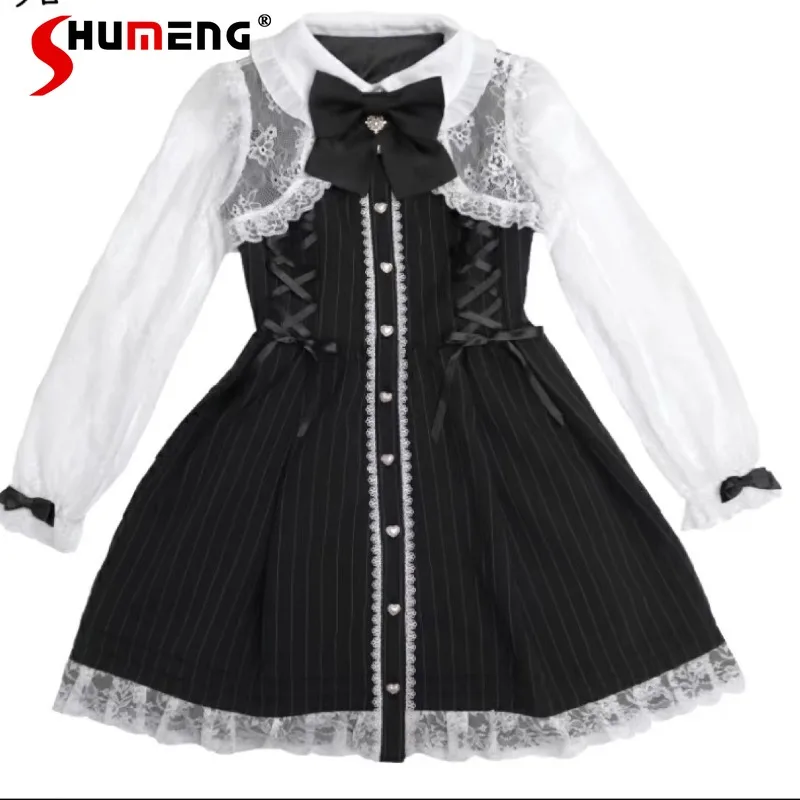 

Japanese SC Vestidos Girl Lace Cape Mass Production Dress 2 Colors Can Choose Lolita Long Sleeves Slim Fit Black Dresses Women
