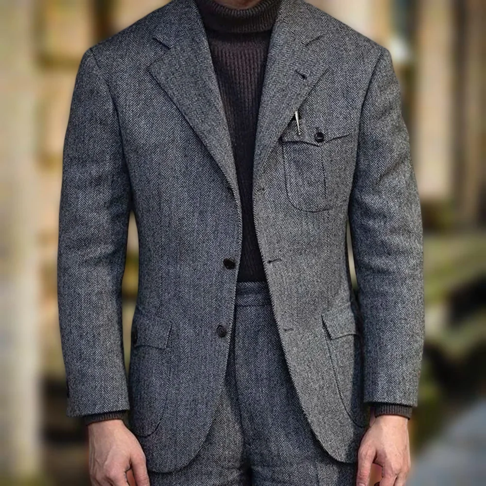 

Grey Tweed Men's Suits Tweed Single Breasted Formal Herringbone Notch Lapel Autumn Winter Style Slim Fit Blazer with Pants 2 Pcs