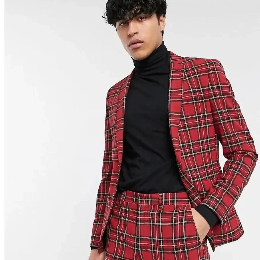 Hot Selling Red Striped Checkered Men\'s Suit Two-pieces(Jacket+Pants) Slim Fit Daily Fashion Male Clothing