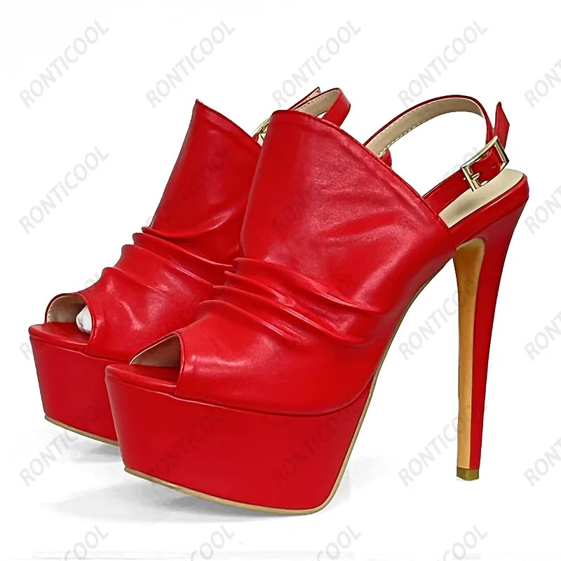 Ronticool Handmade Women Sandals Faux Leather Buckle Sexy Stiletto Heels Peep Toe Elegant Black Party Shoes Ladies US Size 5-20