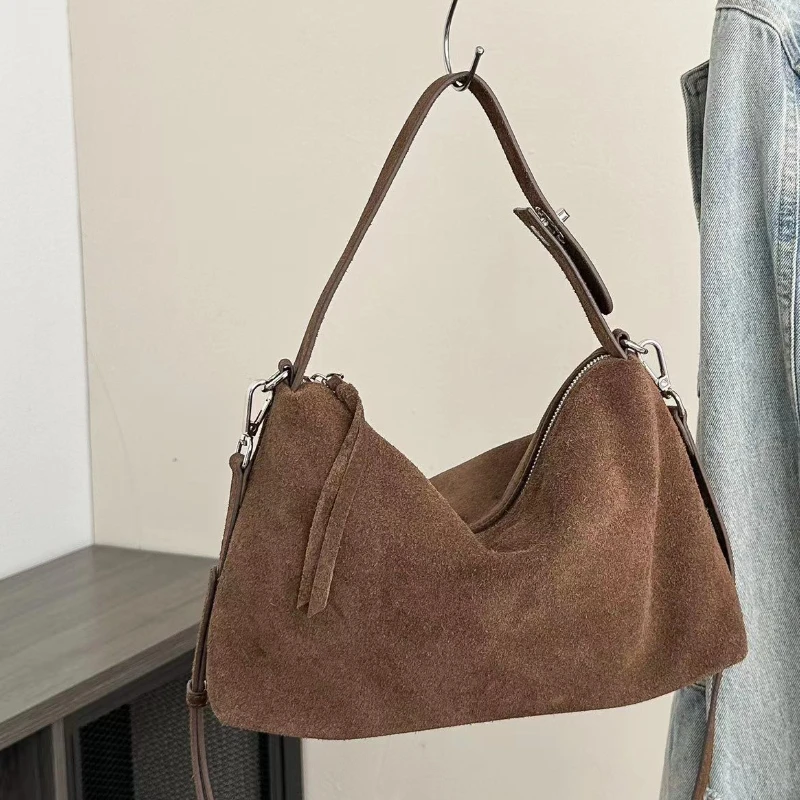 2024 Simple Luxury Colletion Gray Coffee Roomy Big Boston Tote Soft Matte Suede Leather Women's Purses and Handbags Shoulder Bag