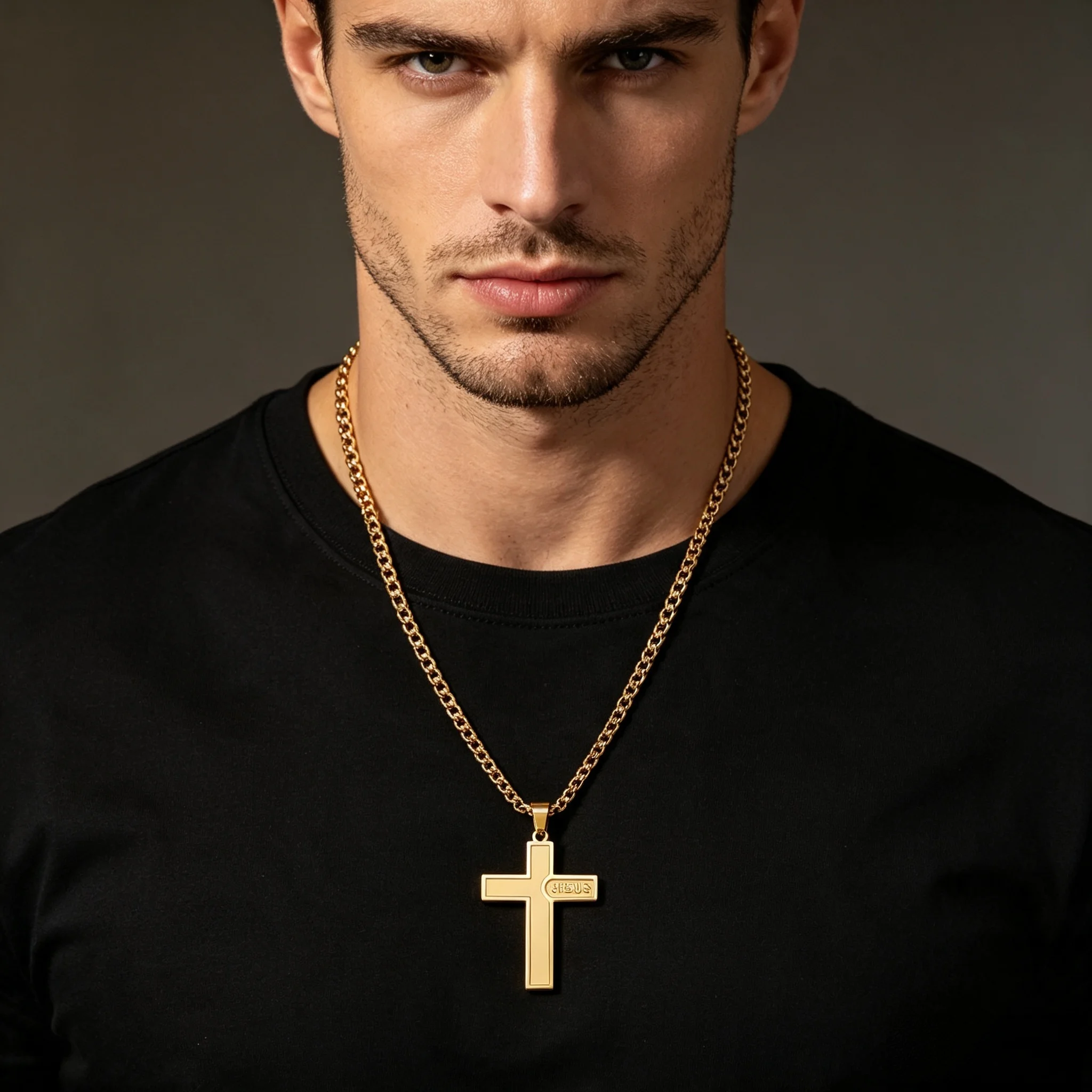 304 Stainless Steel Jesus Embossed Cross Pendant Necklace, Unisex Minimalist Cross Necklace, Silver, Gold, and Black Fashion Faith Jewelry Gift