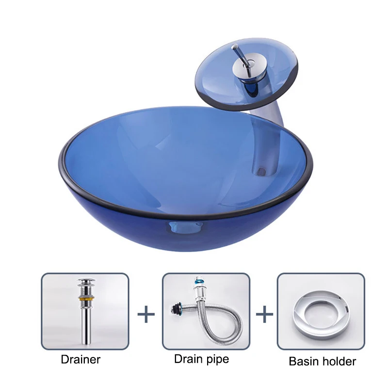 Bathroom Washbasin Glass Sink Countertop Art Basin Blue Tempered Glass Basin Round Transparent Wash Basin Washroom With Faucet