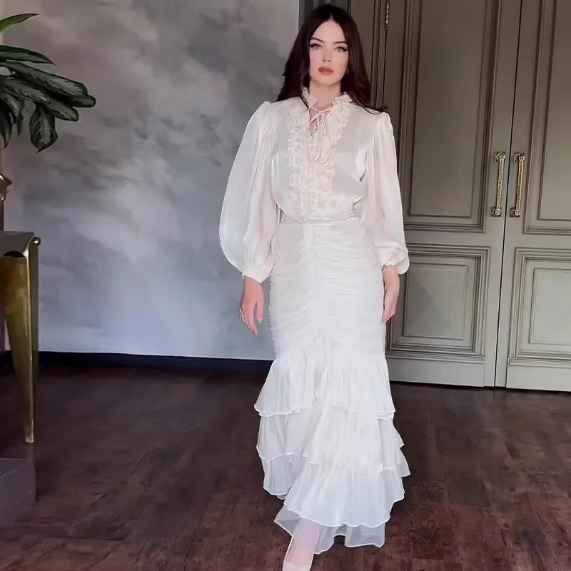 Damasco elegante vestido feminino manga longa em camadas babados vintage vestidos bodycon chique cintura alta pano senhora