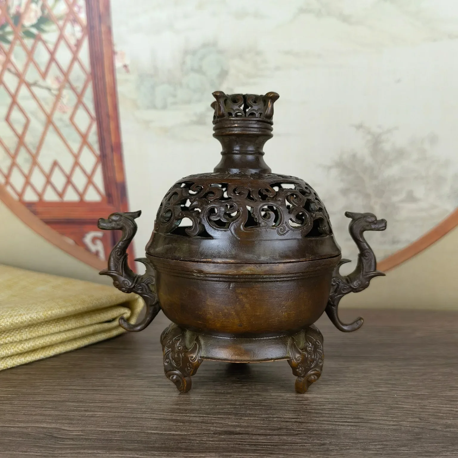 Collection Archaize Copper Censer Double Pixiu Incense Burner Crafts