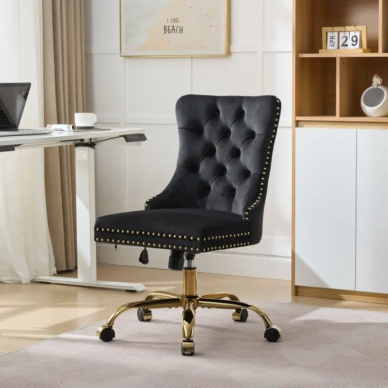 Furniture Chair Modern Veet Upholstered Tufted Button Home Golden Metal Base Adjustable Desk Swivel Office Chair Reflect Luxury