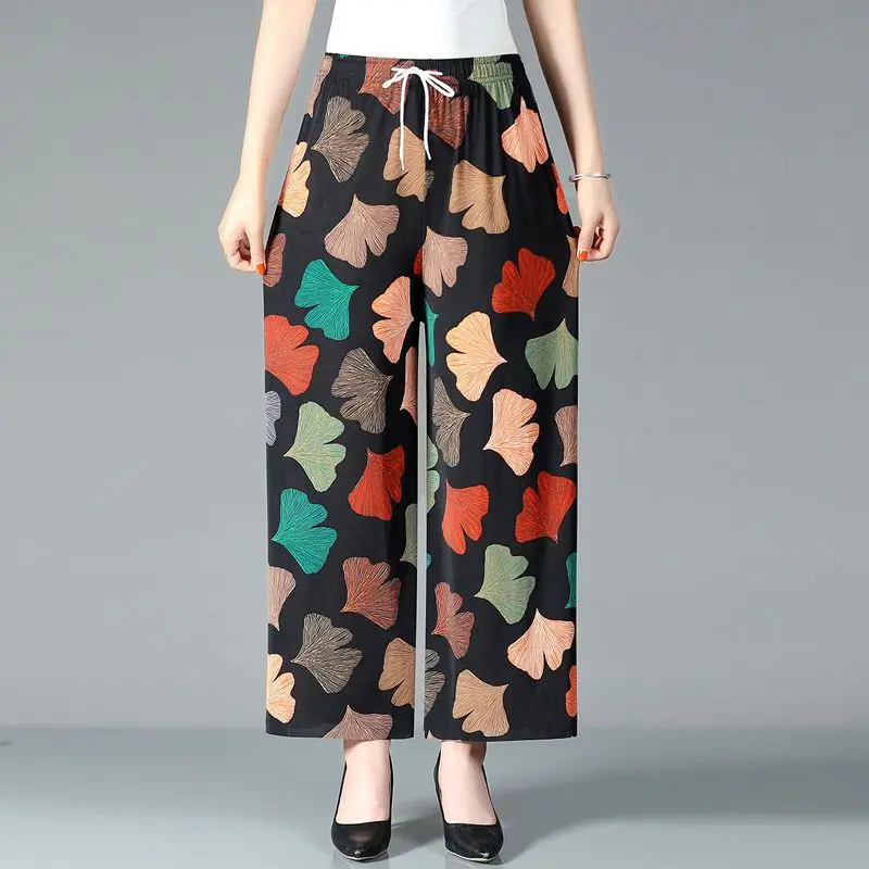 Folk Printed Vintage Casual Pants Female Clothing High Waist Elastic Fashion Drawstring 2024 Summer Thin Wide Leg Cropped Pants