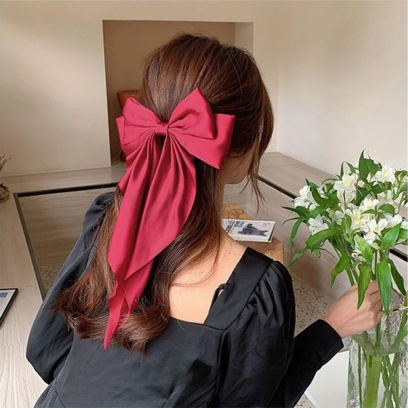 New Women Large Bow Hairpin Summer Chiffon Big Bowknot Stain Bow Barrettes Women Solid Color Ponytail Clip Hair Accessories