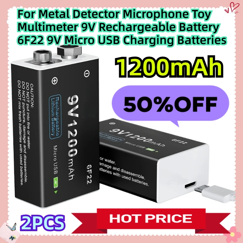 

2PCS 1200mAh For Metal Detector Microphone Toy Multimeter 9V Rechargeable Battery 6F22 9V Micro USB Charging Batteries