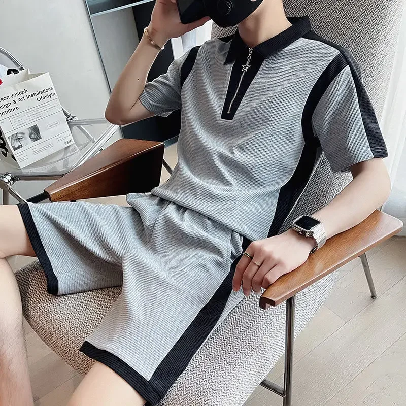 Plain Male Polo T Shirt Shorts Sets Korean Style Top Elastic Sweatshirt High Quality New In Matching Cool Loose Clothes for Men