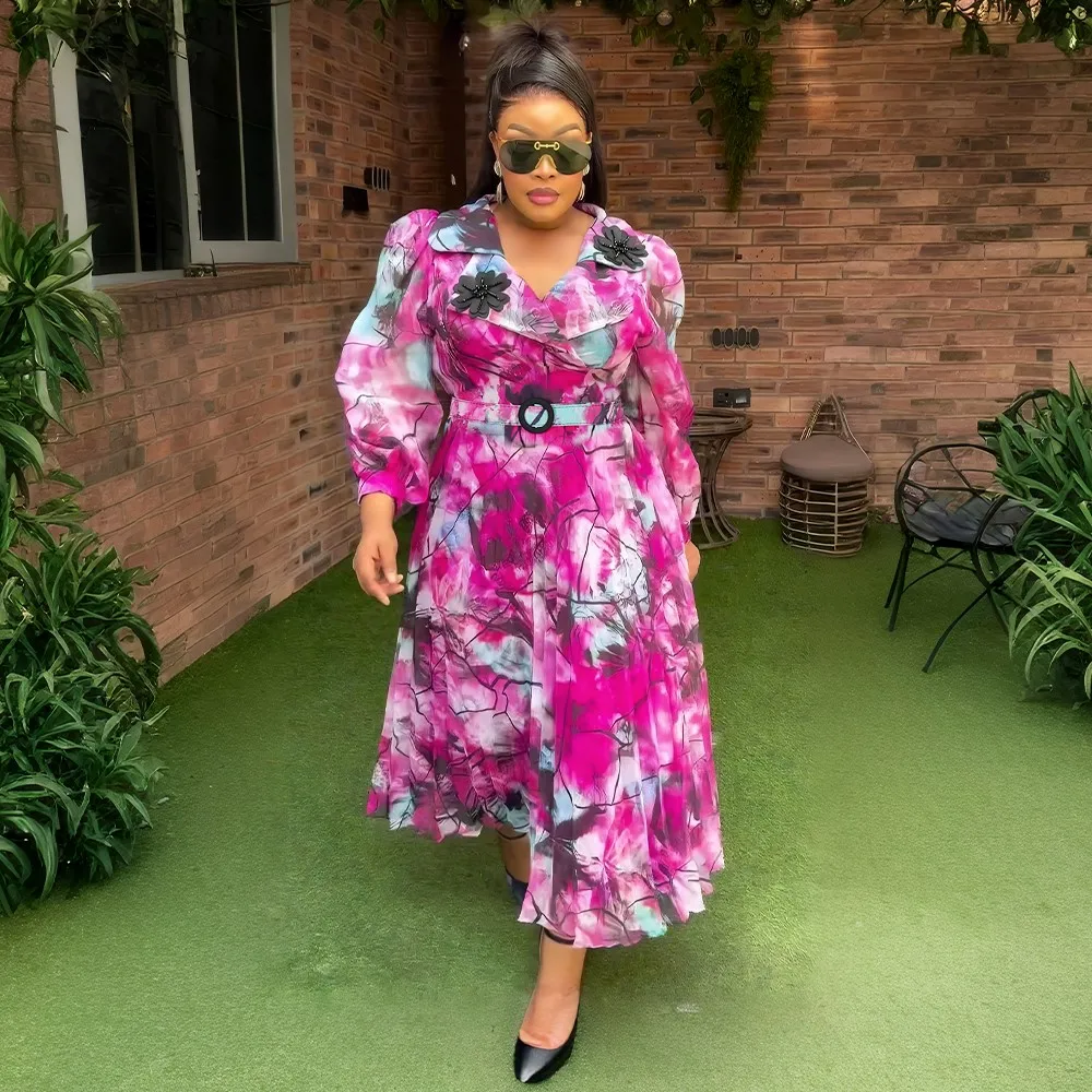 2025 nueva moda Dashiki con cinturón Maxi vestido de fiesta de cena estampado Vintage Vestidos casuales bata mujer africana vestido de verano turco