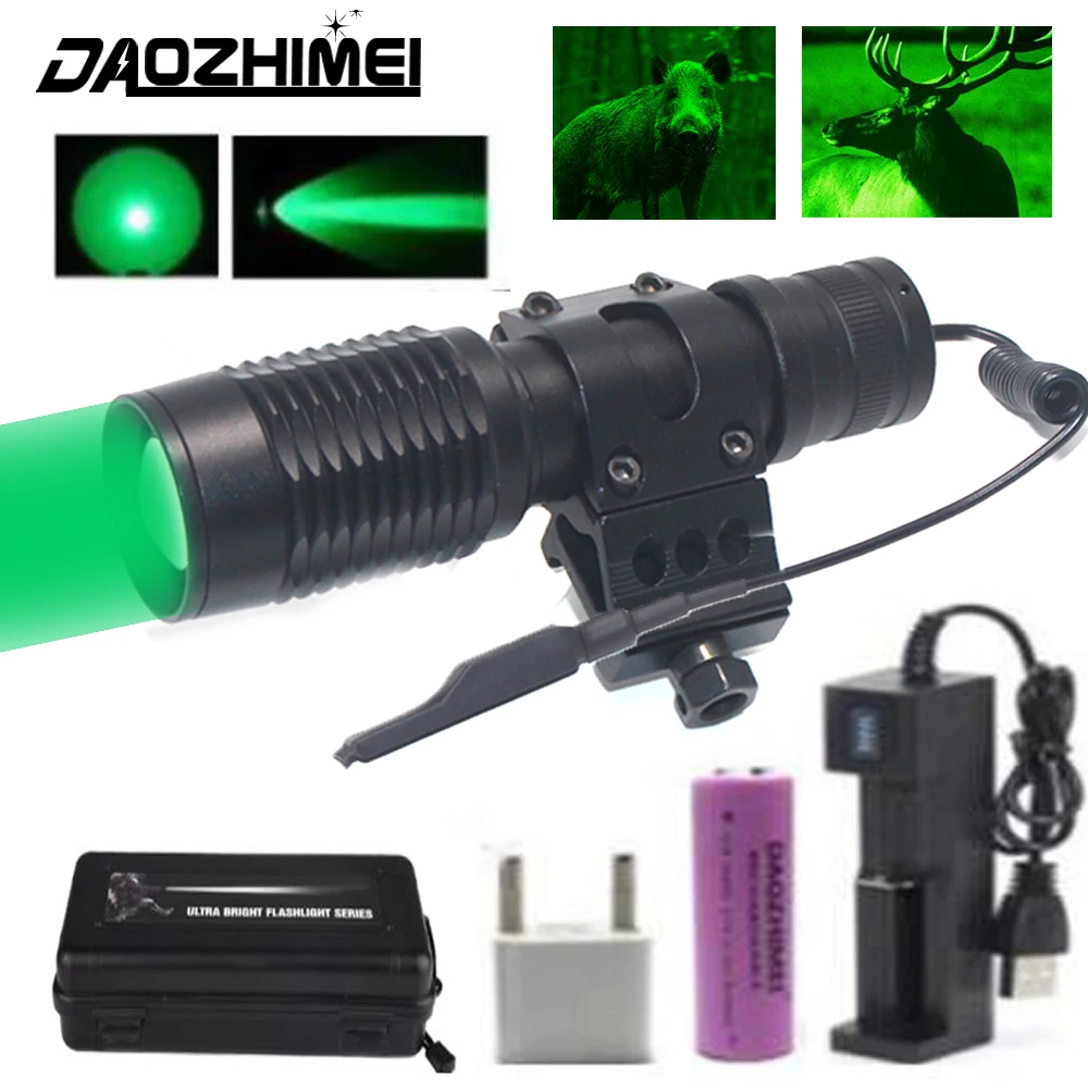 

Professional Tactical Green/Red LED Flashlight 1 Modes Hunting Torch Zoomable Focus Adjustable 18650 Rechargeable lantern Torch