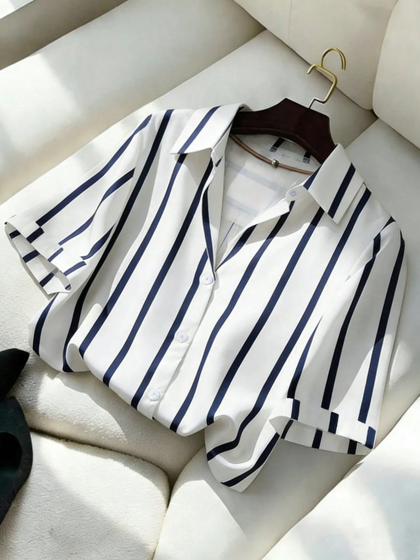 

Women Striped Casual Short Sleeve Shirt Loose Fit Summer Blouse