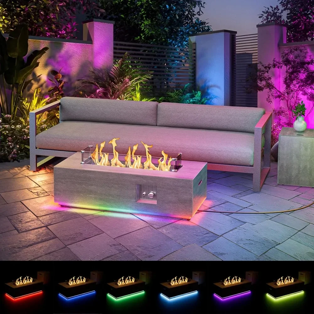 42'' Fire Pit Table with RGB LED Lights，50,000 BTU Propane Gas Fire Pits with Tempered Wind Guard Glass，Firepit Table