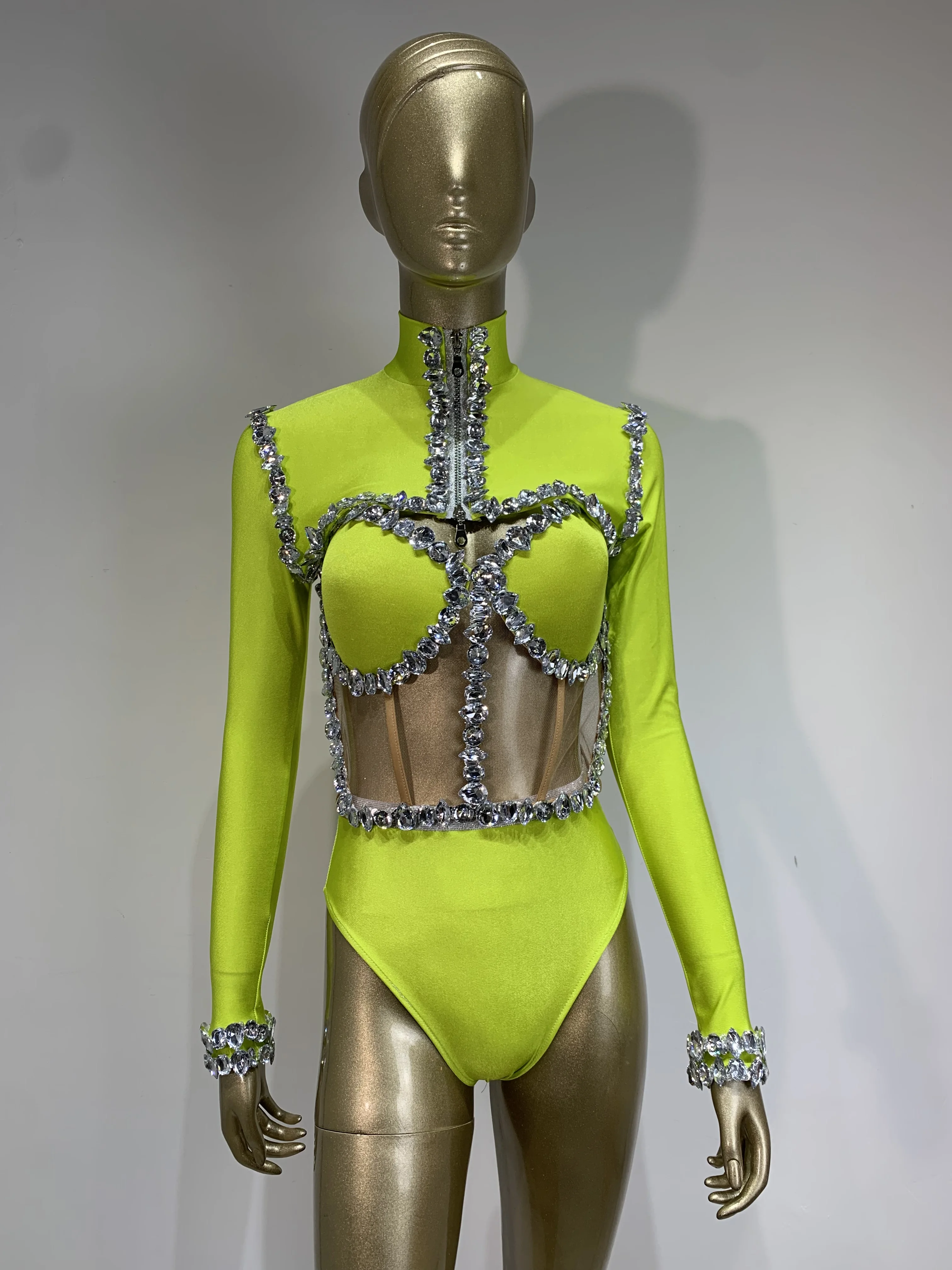 Conjunto de leotardo Sexy con diamantes brillantes para mujer, traje de baile para actuación, cantante, bailarina, ropa de escenario, traje de baile