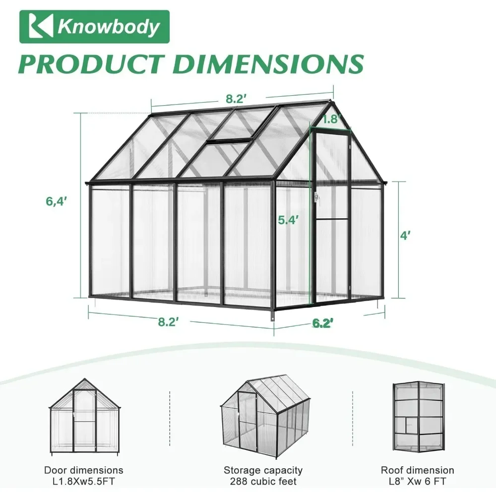 Outdoor Greenhouse8x6x6 FT - Polycarbonate Green Houses with EZ Assy Connector, Outside Walk-in Grow House for Garden Plants