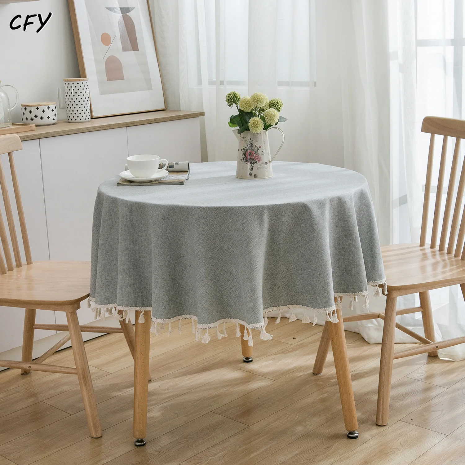 Cotton Linen Japanese Style Solid Grey Round Tablecloth Chicken Dining Table Cover Coffee Table Cloth Round Tablecloth