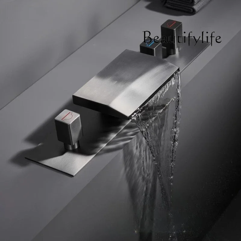 BJ All-copper Gun Gray Hot Spring Bath Faucet, Three-outlet Waterfall, Large-flow Self-built Bathtub Faucet