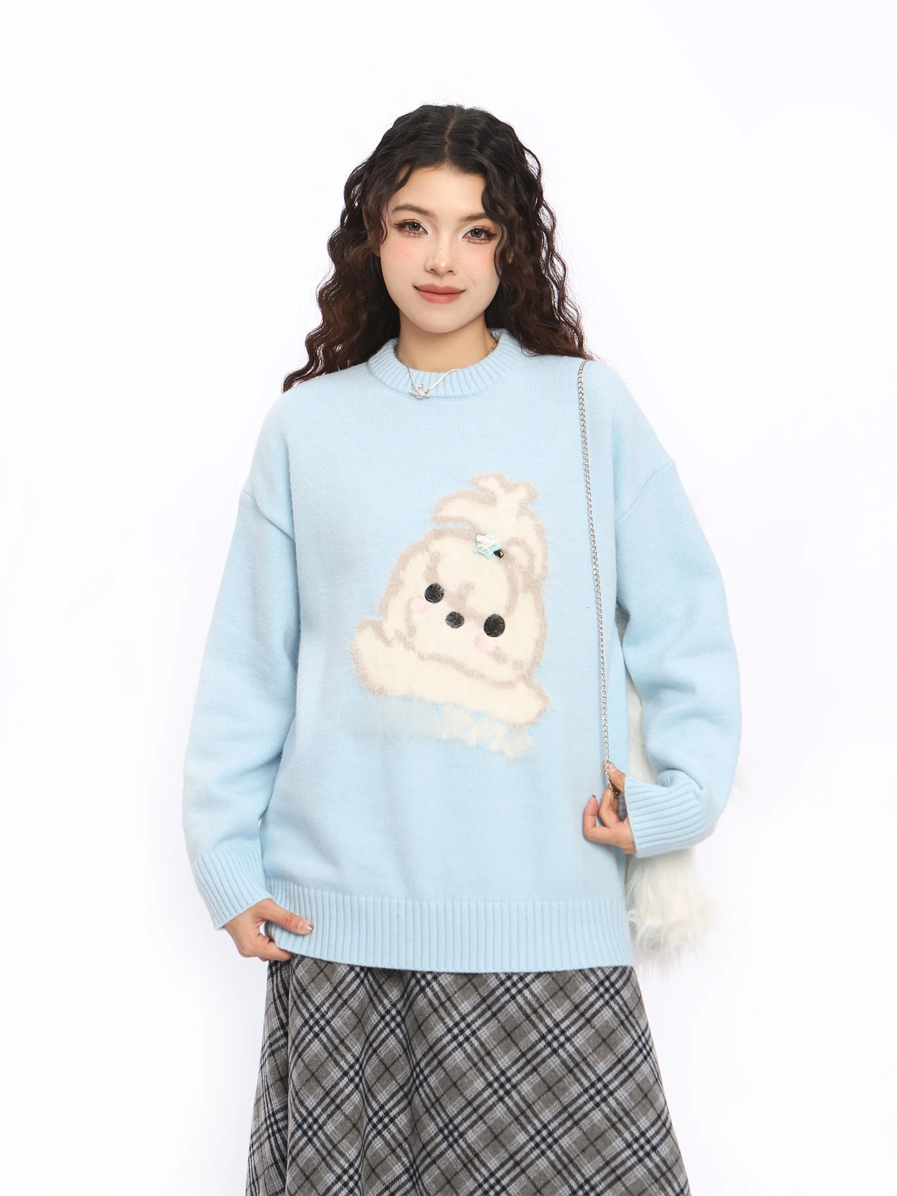 

Sweet Rabbit round Ne Knitted Sweater Soft Cozy Autumn Winter High End Feeling Biggold Lazy Sle Faionable Warmth Heating