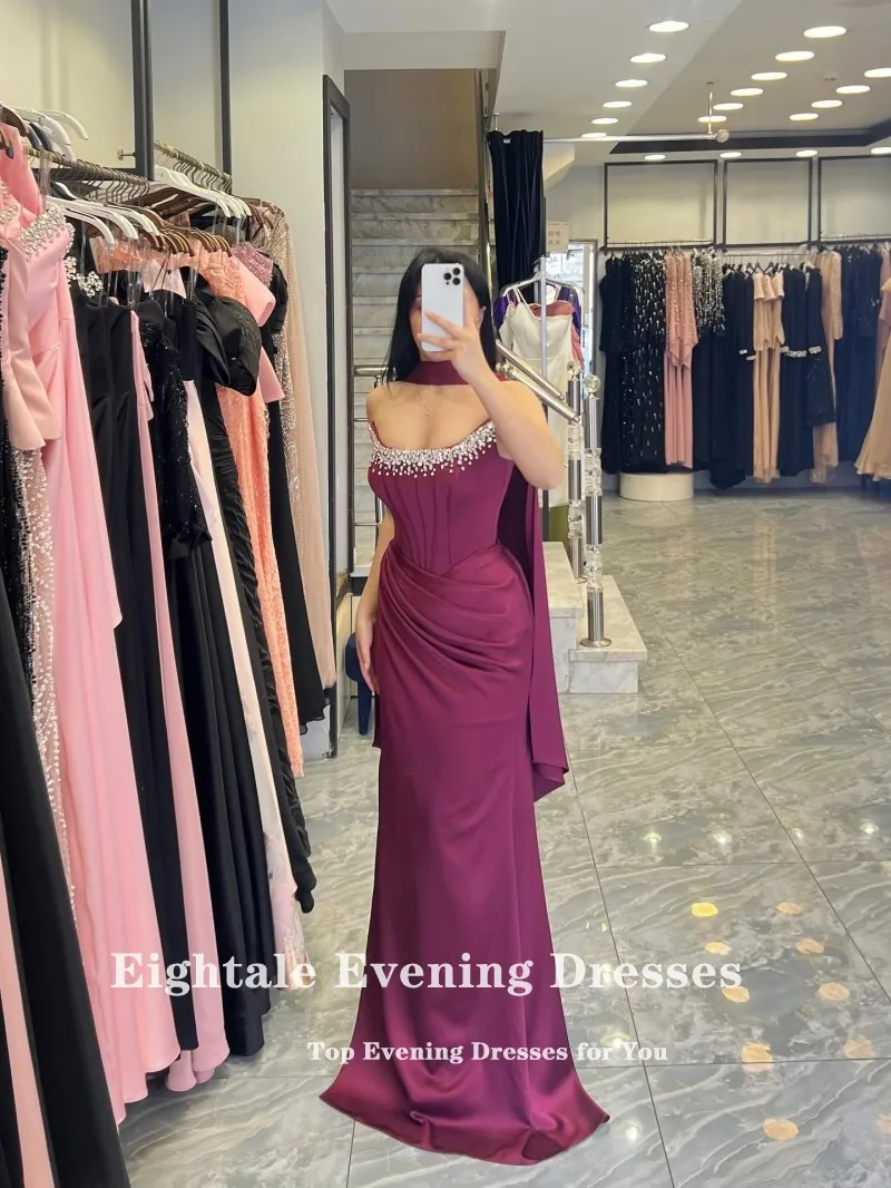 Eightale árabe vestidos de noite colher frisado plissados sereia cetim sexy personalizado vestidos de festa de baile para casamento