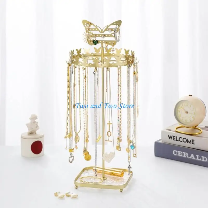 

HX6F Butterfly Necklace Display Stand Rings Tower Rack with Acrylic Tray Jewelry Tree