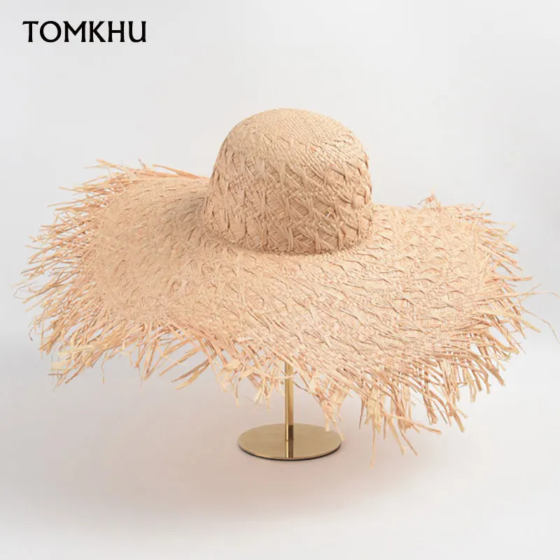 

European American Wide Brim Hand Woven Raffia Straw Hat For Women Summer Elegant Straw Hat Sun Visor Designer Hats Boho Cap