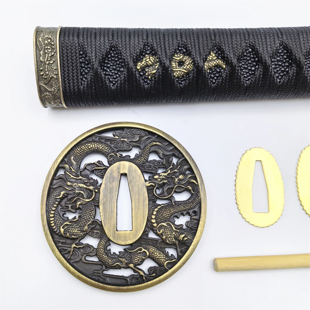 20cm Black Ito Handle Tsuka Alloy Brass Dragon Tsuba Menuki Seppa For Japanese Sword Katana Wakizashi Tanto Fittings