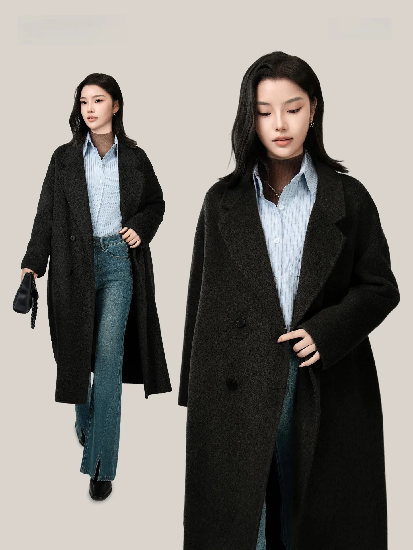 

Женское двустороннее твидовое пальто Ele из шерсти, черное, средней длины, осенне-зимняя верхняя одежда, для офиса и повседневной носки