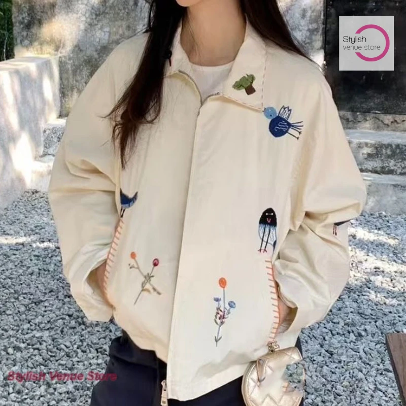 American retro design flower-and-bird embroidery jacket jacket women's spring and autumn new casual age-reducing Joker top