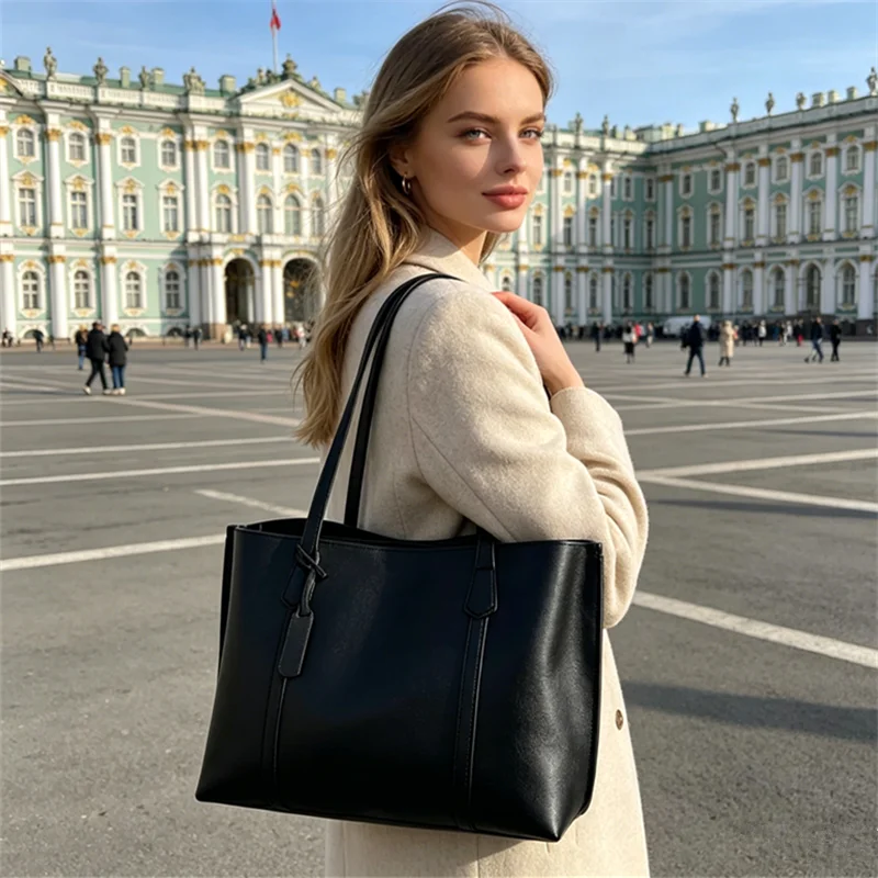 Classic Black Faux Leather Tote Bag, Large Capacity Handbag Purse Shoulder Bags with Long Straps, Versatile Work & Daily Use