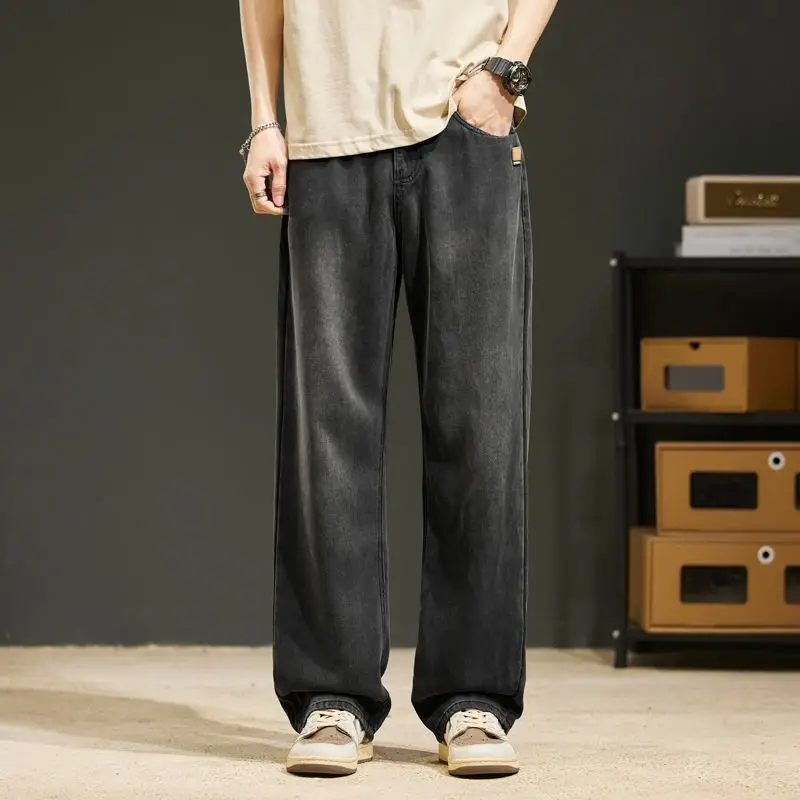 2025 New Summer Thin Men's Vintage Jeans Lyocell Brand Straight Soft Korean Fashion Casual Denim Trousers Streetwear Men's Pants