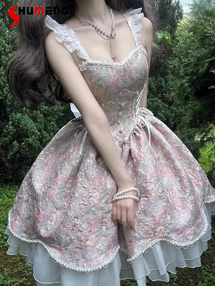 

Sweet Lolita Lace-up Strap Dress 2023 Summer New Fairy Princess Sleeveless Ruffles Waist-Tight Pettiskirt Women Vestido Feminino