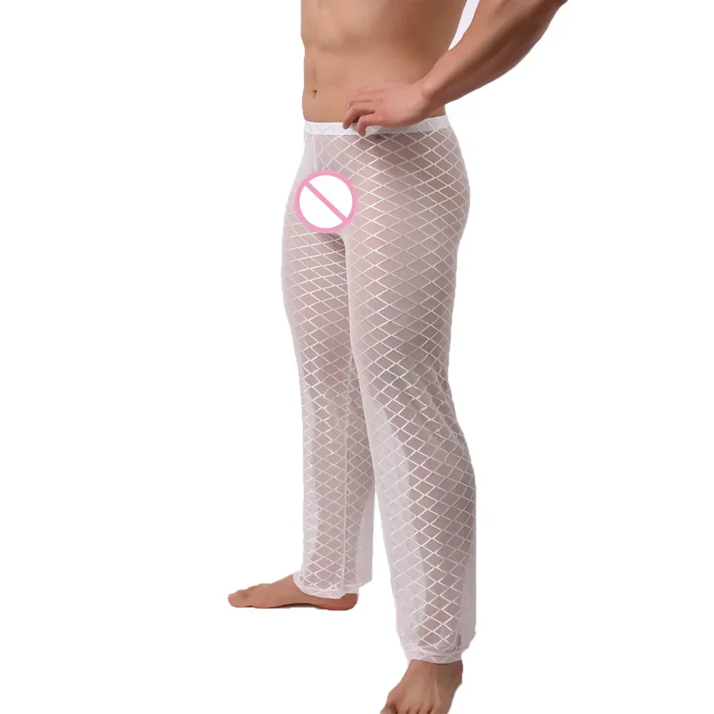 Uomo Sexy trasparente fondo del sonno pigiama tinta unita Lounge Wear pantaloni comodi uomini Homewear intimo pigiameria pigiama