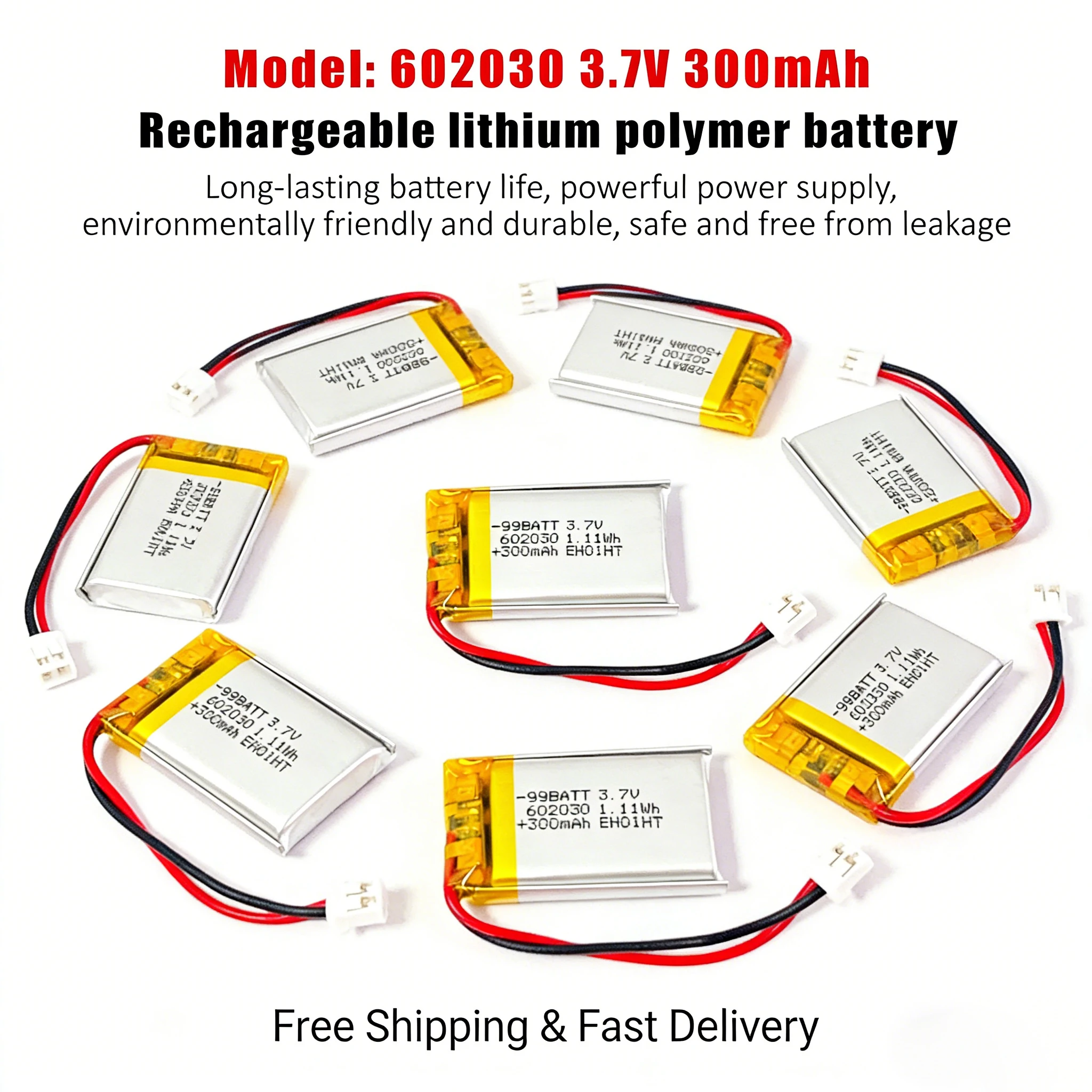 

3.7V 300mAh 602030 Lithium Polymer Rechargeable Battery for LED Light Bluetooth Speaker Toy GPS Smart Bracelet Li-Po Ion Cell