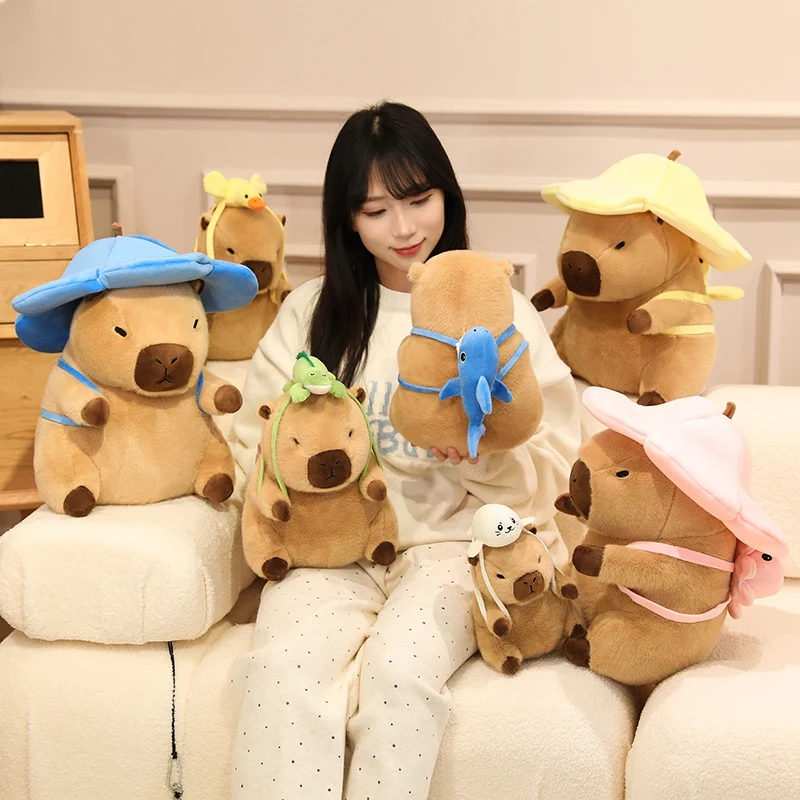20/30/40CM Travel Capybara Plush Toy cute Capibara Wear Hat Stuffed Animal Doll Crocodile Duck Sea Lion Octopus Backpack Decor