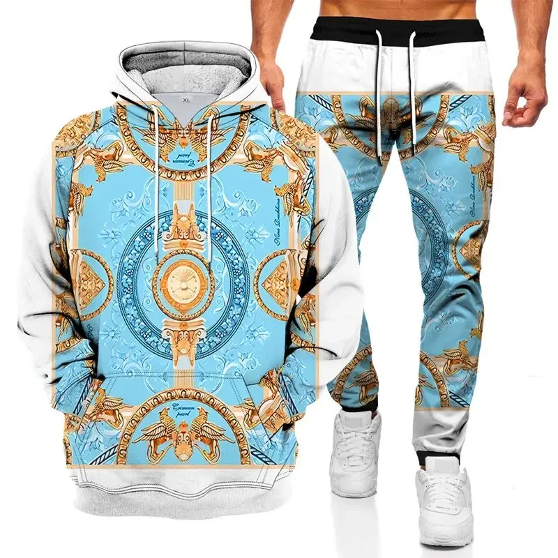 Herren Hoodie setzt modische Hoodie Anzug 3d geometrische Grafik gedruckt bequeme lässige übergroße lose Langarmhose