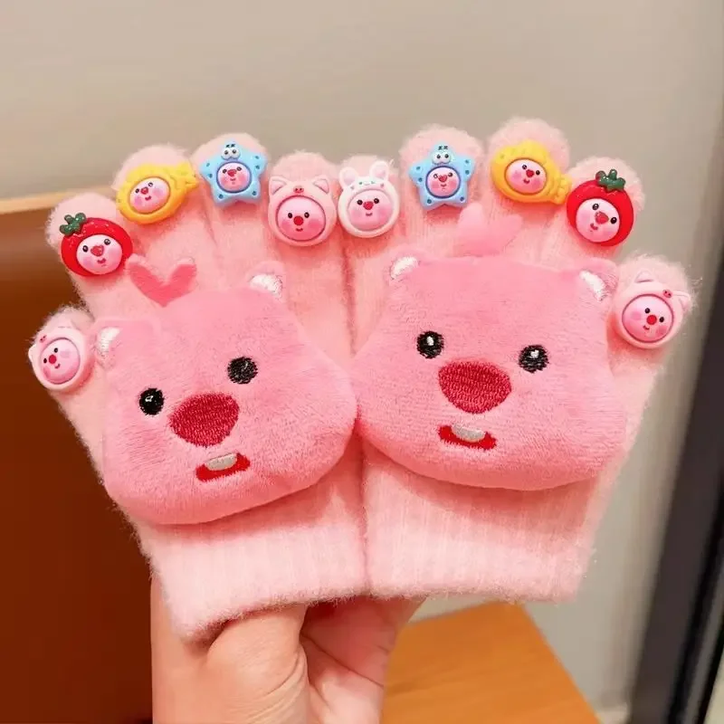 

Miniso New Little Beaver Loopy Children's Gloves Thick Warm Fingerless Warm Girls Boys Autumn and Winter Plush Coral Gloves Gift