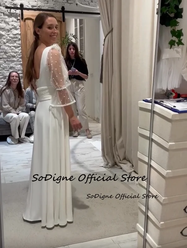 Sodigne linha a pontilhado tule vestidos de casamento gola quadrada 3/4 mangas cetim vestido de noiva vestido de casamento robe de mairee ﻿ Personalizado