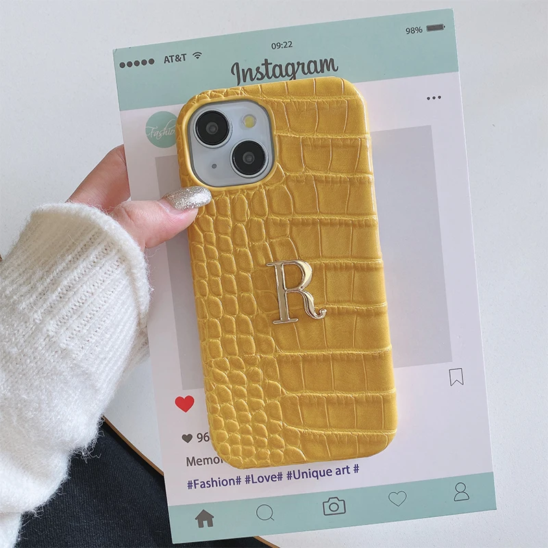 Personalized name crocodile leather Phone case initials metal letter for iPhone17 16 15 14 13 12 11Promax 16e protective Cover